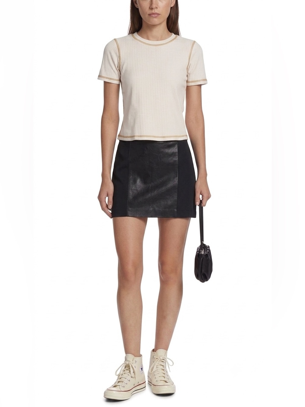 Designer Michelle Mason Black Faux-Leather Panel and Silk Mini Skirt — Womens